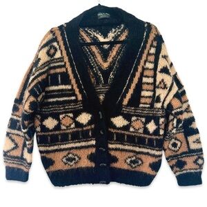 Vintage 60s 70s Wool hand knit England Cardigan grandpa retro black Tan